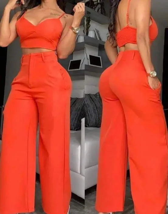 CM.YAYA Fashion Women's Set Spaghetti Strap V-neck Crop Top and Wide Leg Pants 2024 Party Two 2 Piece Sets Outfits Tracksuit