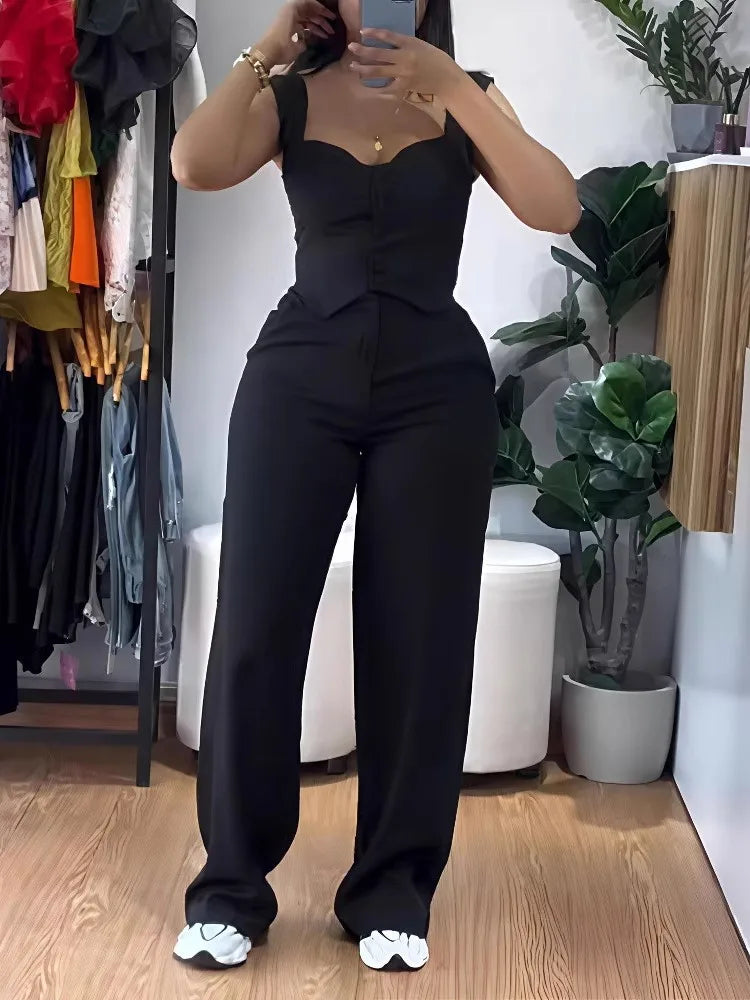 Chic Women Suit Y2k Sexy Two Piece Set Summer Sleeveless Slim Vest And Wide-leg Trouser Sets Elegant Solid Pants Women's Outfit