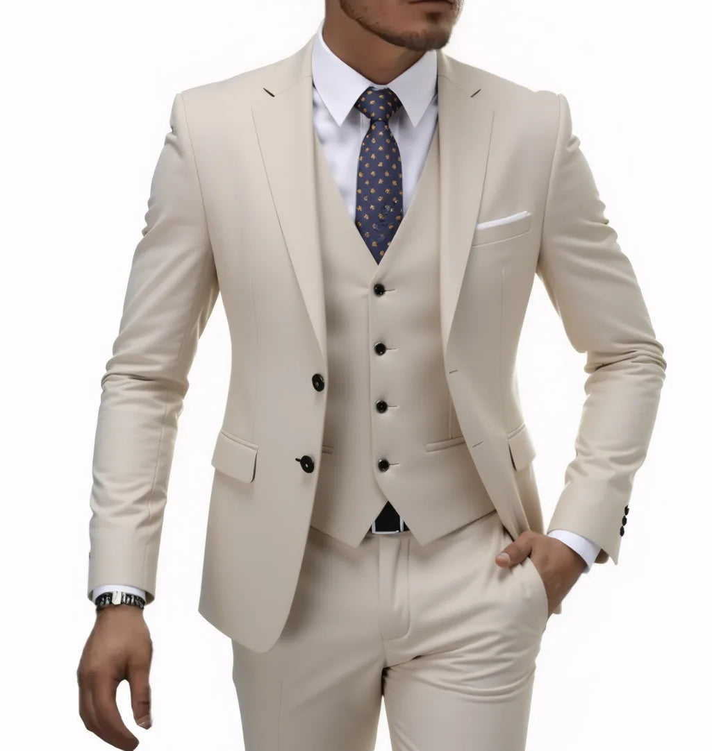 13 Color Basic Style Men's Casual Solid Color 3 Pieces Suits / Male Two Button Blazers Jacker Coat Trousers Pants Vest Waistcoat