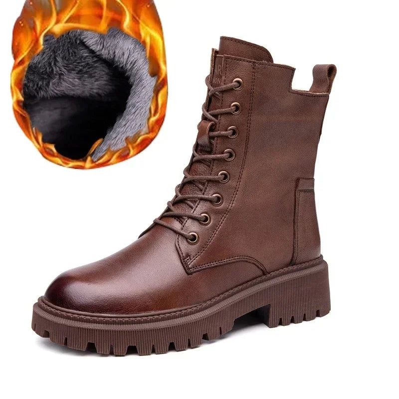 2025 Genuine Leather Women's Boots Velvet Autumn Winter Thick Heel Cowhide Shoes Handmade Retro Platform Booties