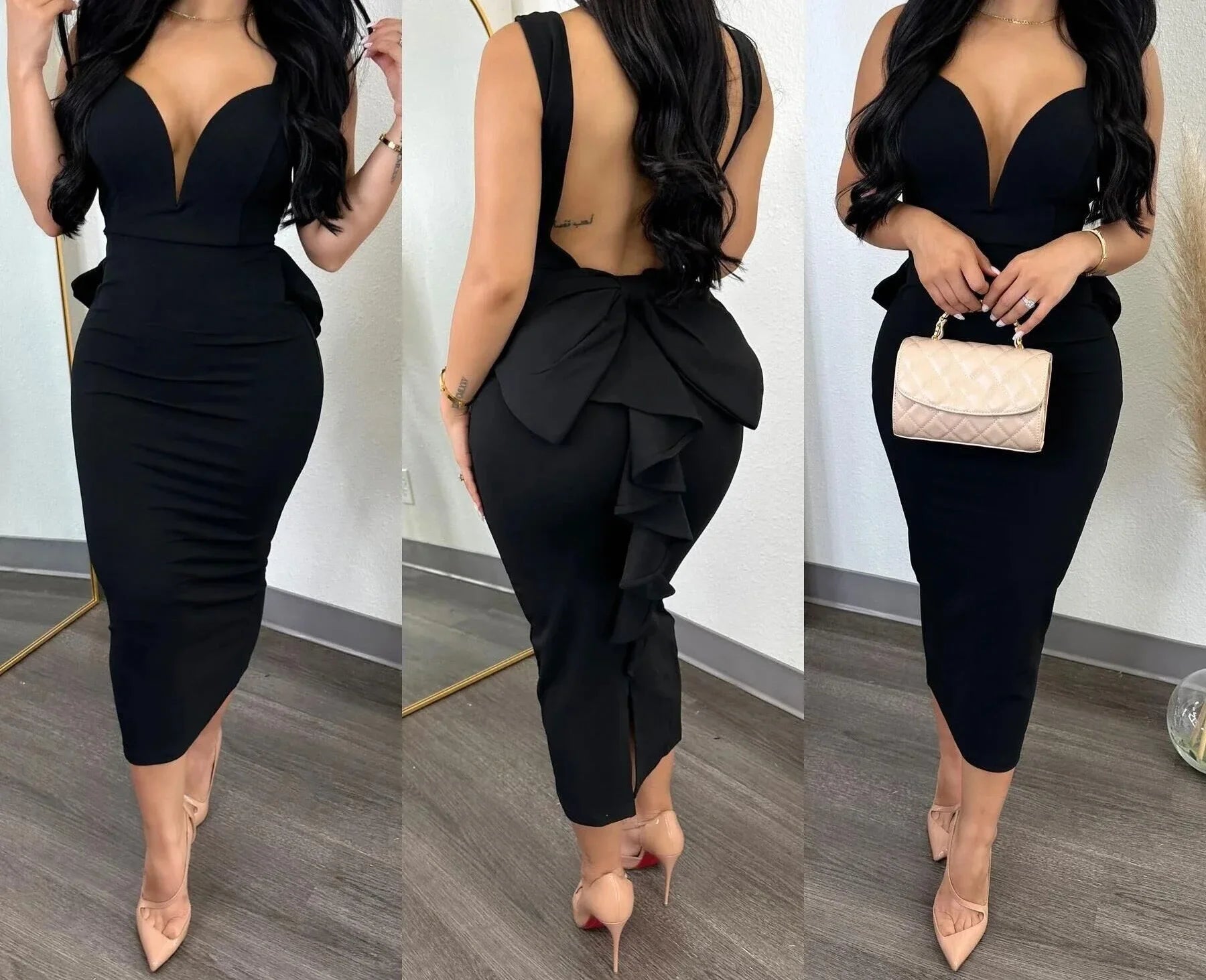 Dress for Women Streetwear Elegant Solid Color Hip Wrap Open Back Deep V High Waist Split Bodycon Dresses 2024 Spring and Summer