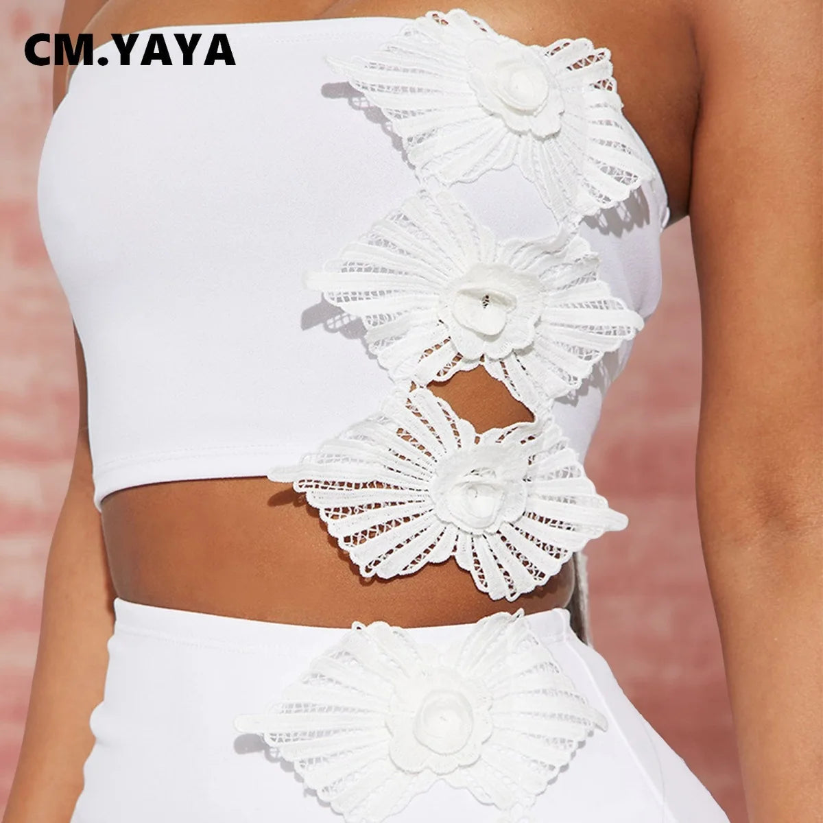 CM.YAYA Bowknot Side Women's Dress Set Strapless Crop Top and Ruffles Split Midi Maxi Long Skirt Suit Two 2 Piece Set Outfits
