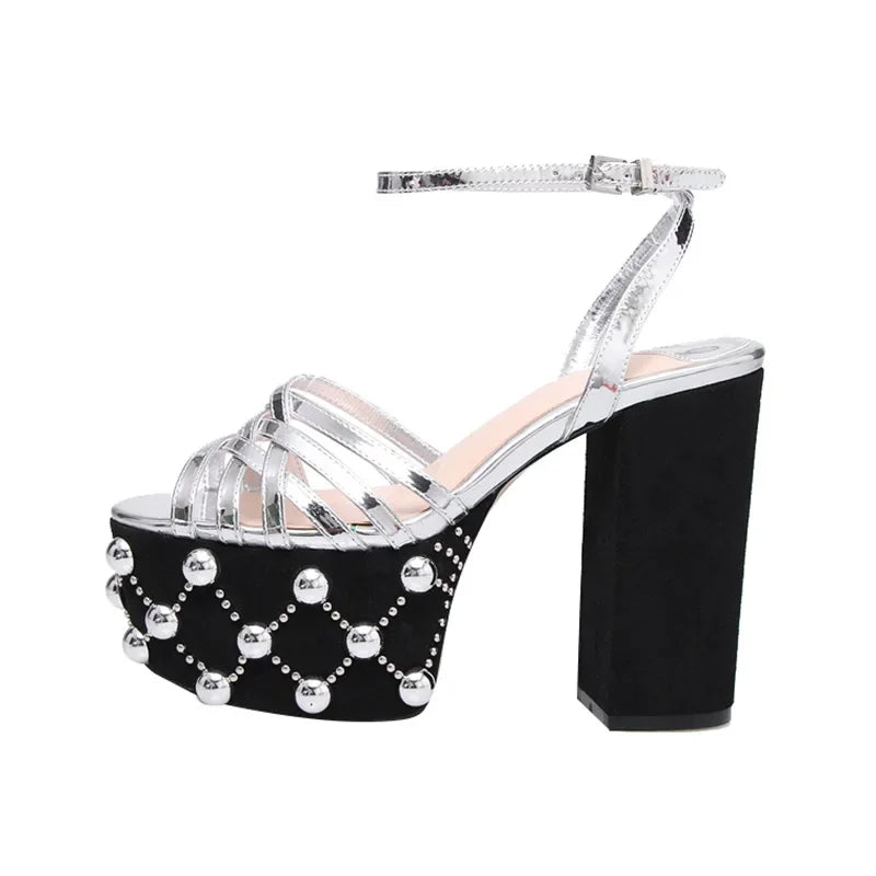Luxury Brand Women's Summer Fashion Metal Platform Sandals Large 34-42 Super High Heel Thick Bottom Rivet Party Women's Shoes