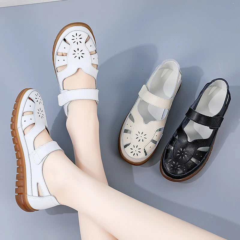 Sandals Summer Breathable Leather Slippers Women Fashion Non-Slip Casual Roman Shoes Ladies Sandals on Sale Off White Shose