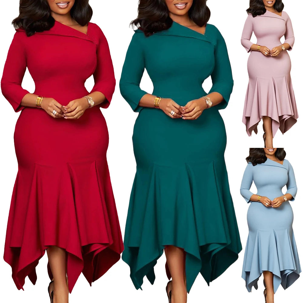 Elegant Church Dresses for Women 2025 Autumn New African Office Wear Ladies Work Business Party 3/4 Sleeves Mermaid Dress