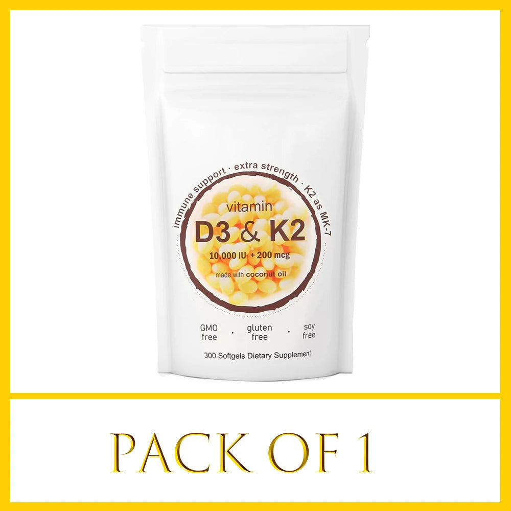 180/300 Vitamin D3 K2 Capsules with Coconut Oil - Vitamin D3 10000 iu Plus K2 (ML-7) 200 mcg, 300 Virgin Coconut Oil Softgels