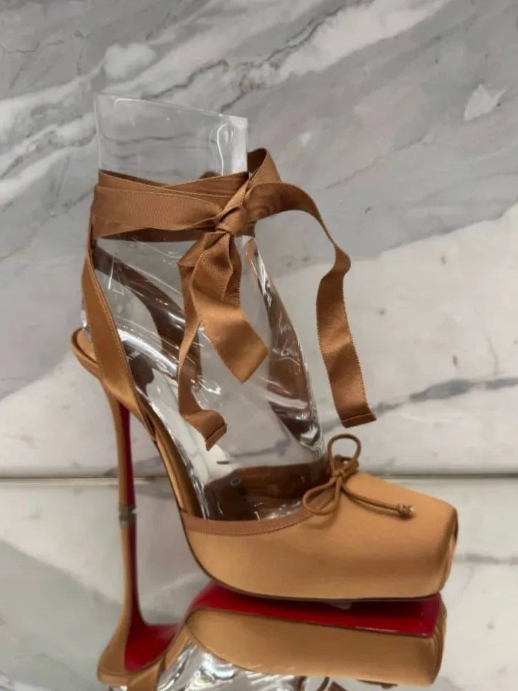 Ladies' New Summer Square Satin High-heeled Sandals with Ankle Straps, Fashionable Party and Banquet Ballet High-heeled Shoes