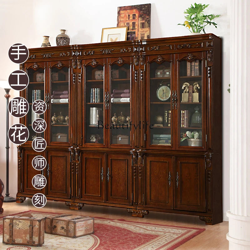 *European solid wood American free combination book all solid wood glass door display case