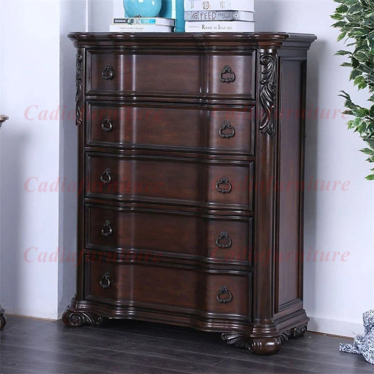 European Antique Design Bedroom Furniture Luxury French Classic Wooden Bedroom Sets Storage Function King Size Bed