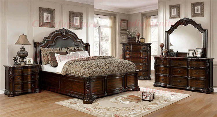 European Antique Design Bedroom Furniture Luxury French Classic Wooden Bedroom Sets Storage Function King Size Bed