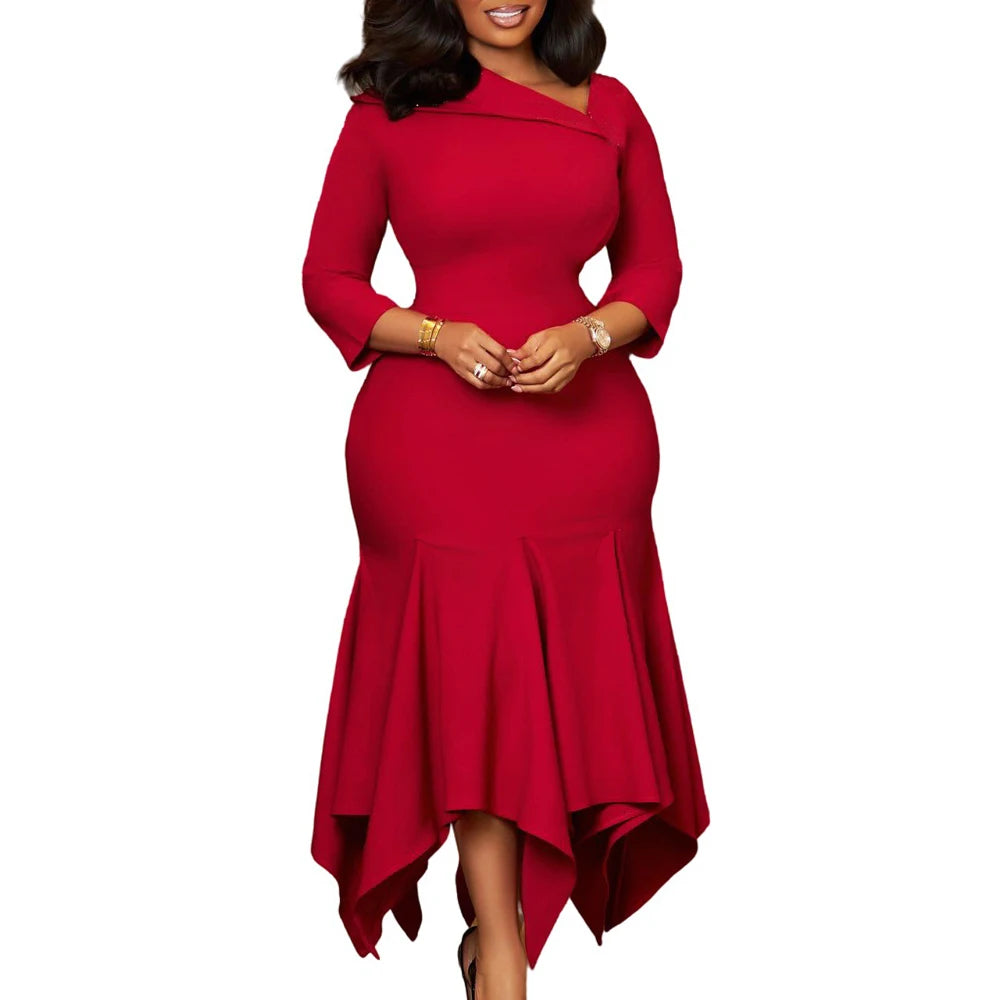 Elegant Church Dresses for Women 2025 Autumn New African Office Wear Ladies Work Business Party 3/4 Sleeves Mermaid Dress