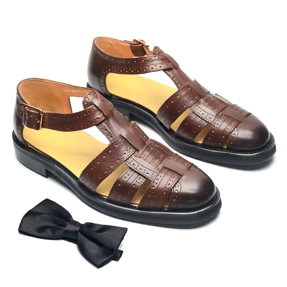 Luxury Designer Men's Summer Sandals Genuine Leather Brogue Carving Man Shoes Formal Events Social Buckle Strap Men Slippers