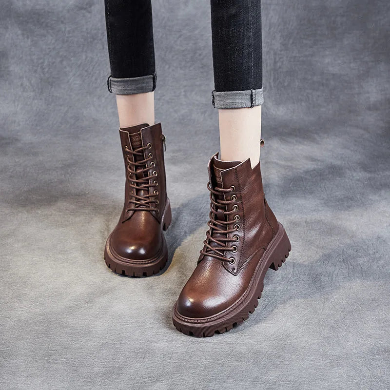 2025 Genuine Leather Women's Boots Velvet Autumn Winter Thick Heel Cowhide Shoes Handmade Retro Platform Booties