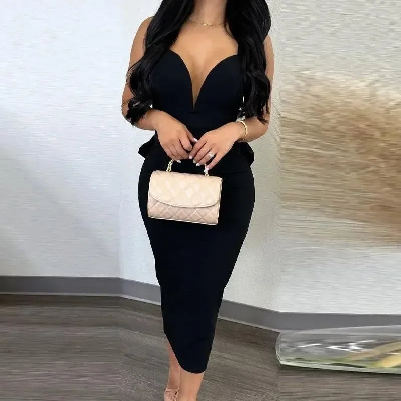 Dress for Women Streetwear Elegant Solid Color Hip Wrap Open Back Deep V High Waist Split Bodycon Dresses 2024 Spring and Summer