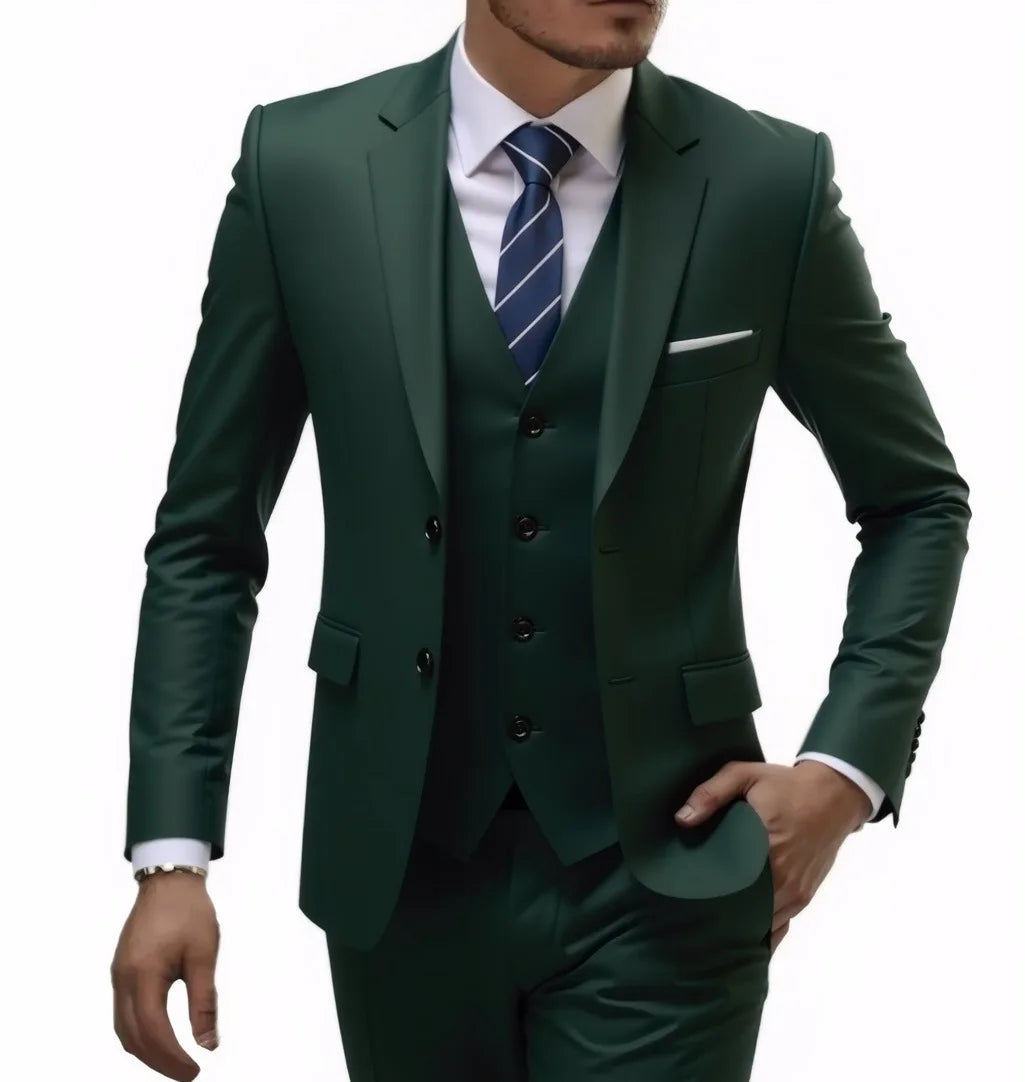 13 Color Basic Style Men's Casual Solid Color 3 Pieces Suits / Male Two Button Blazers Jacker Coat Trousers Pants Vest Waistcoat