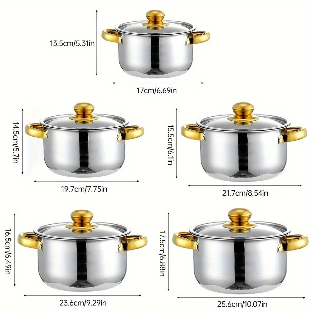 5-Piece Golden Stainless Steel Cookware Set - Durable, Multi-Purpose, Easy to Clean, Compatible with All Stoves, Non-Stick,