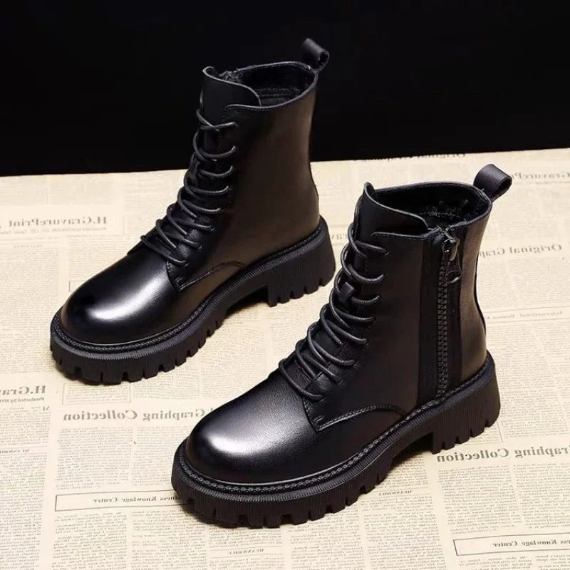 Autumn new mid length Boots Black anti slip trendy Footwear  Fashion laceup boots Ladies thick heeled casual shoes Botas Zapatos