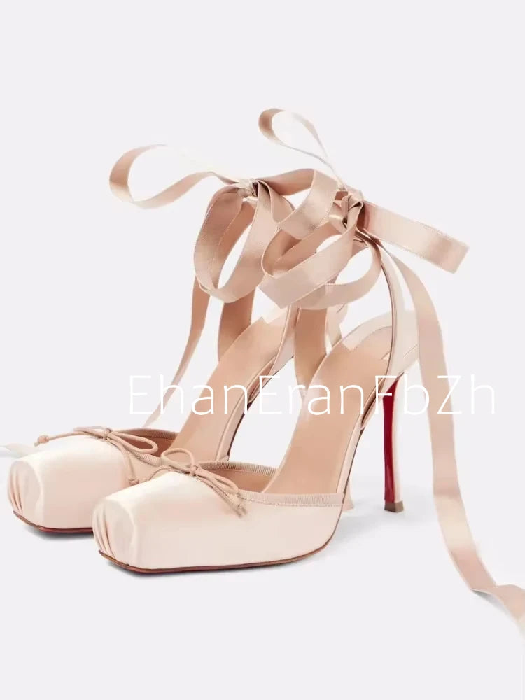Ladies' New Summer Square Satin High-heeled Sandals with Ankle Straps, Fashionable Party and Banquet Ballet High-heeled Shoes