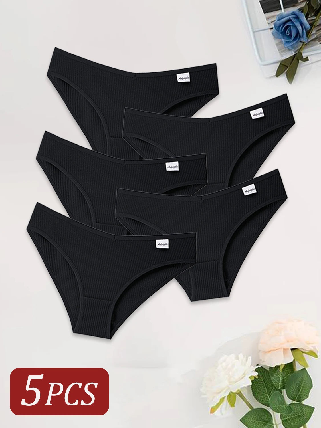 5PCS Black Cotton Women Panties Sexy Low Waist Underpants Girls Solid Color Striped Briefs Lingerie Breathable Underwear XS-XXL