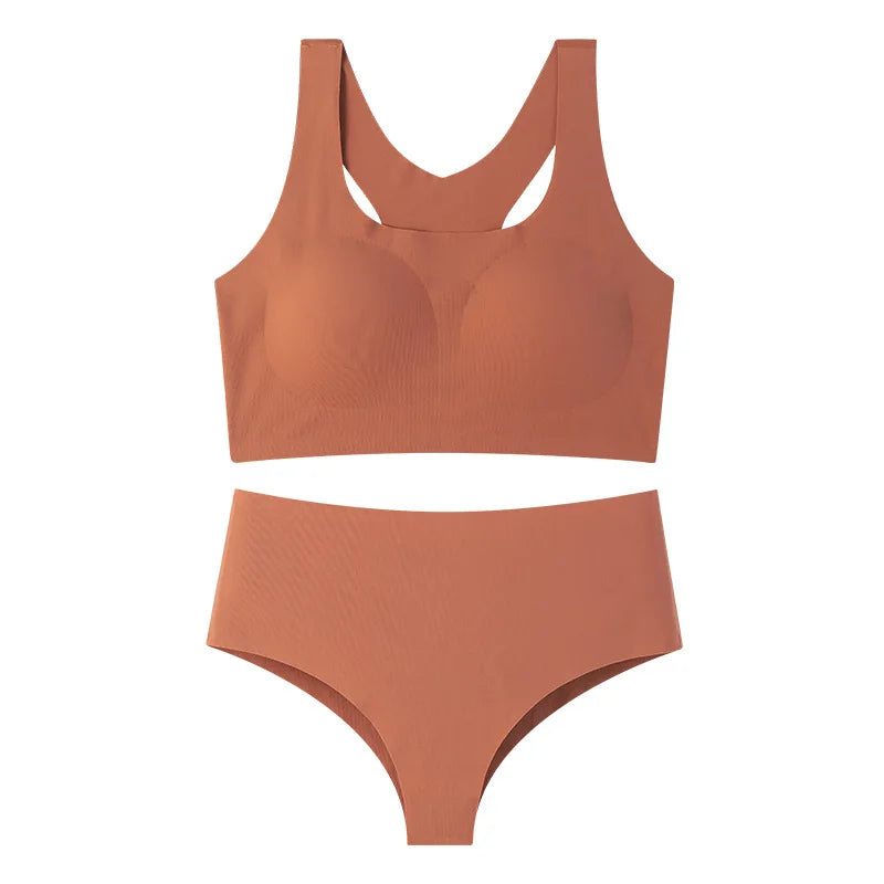 TERMEZY Soft Seamless Wireless Bra Set Minimalist Racerback Bralette Set Sport Yoga Breathable Panties Set Solid Color Intimates