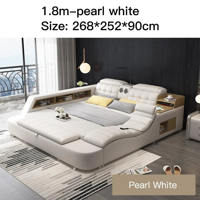 Genuine Leather Bed Frame Soft Beds Massager Storage Safe Speaker Bedroom Furniture Cama Iphone Recharging Bluetooth Double Bed