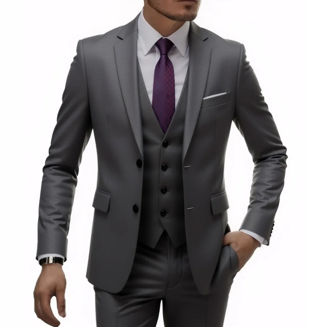 13 Color Basic Style Men's Casual Solid Color 3 Pieces Suits / Male Two Button Blazers Jacker Coat Trousers Pants Vest Waistcoat