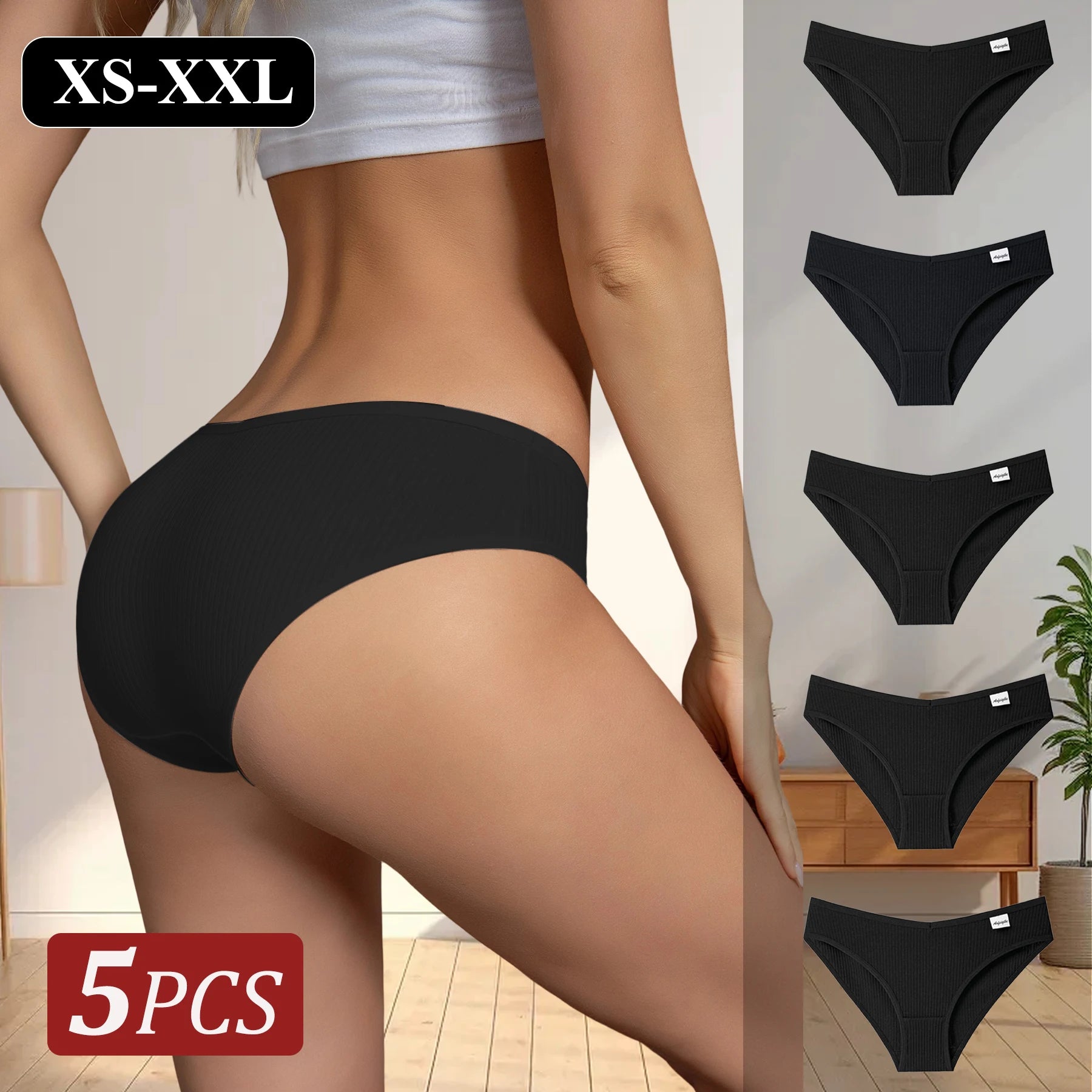 5PCS Black Cotton Women Panties Sexy Low Waist Underpants Girls Solid Color Striped Briefs Lingerie Breathable Underwear XS-XXL