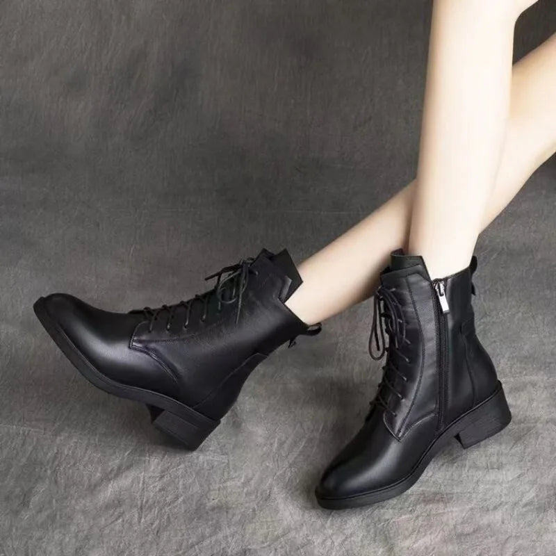 Black Short Boots Fashion Side Zipper Lace Up Women Shoes British Style Leather Square Heel Mid Heel Plush Women's Ankle Boots