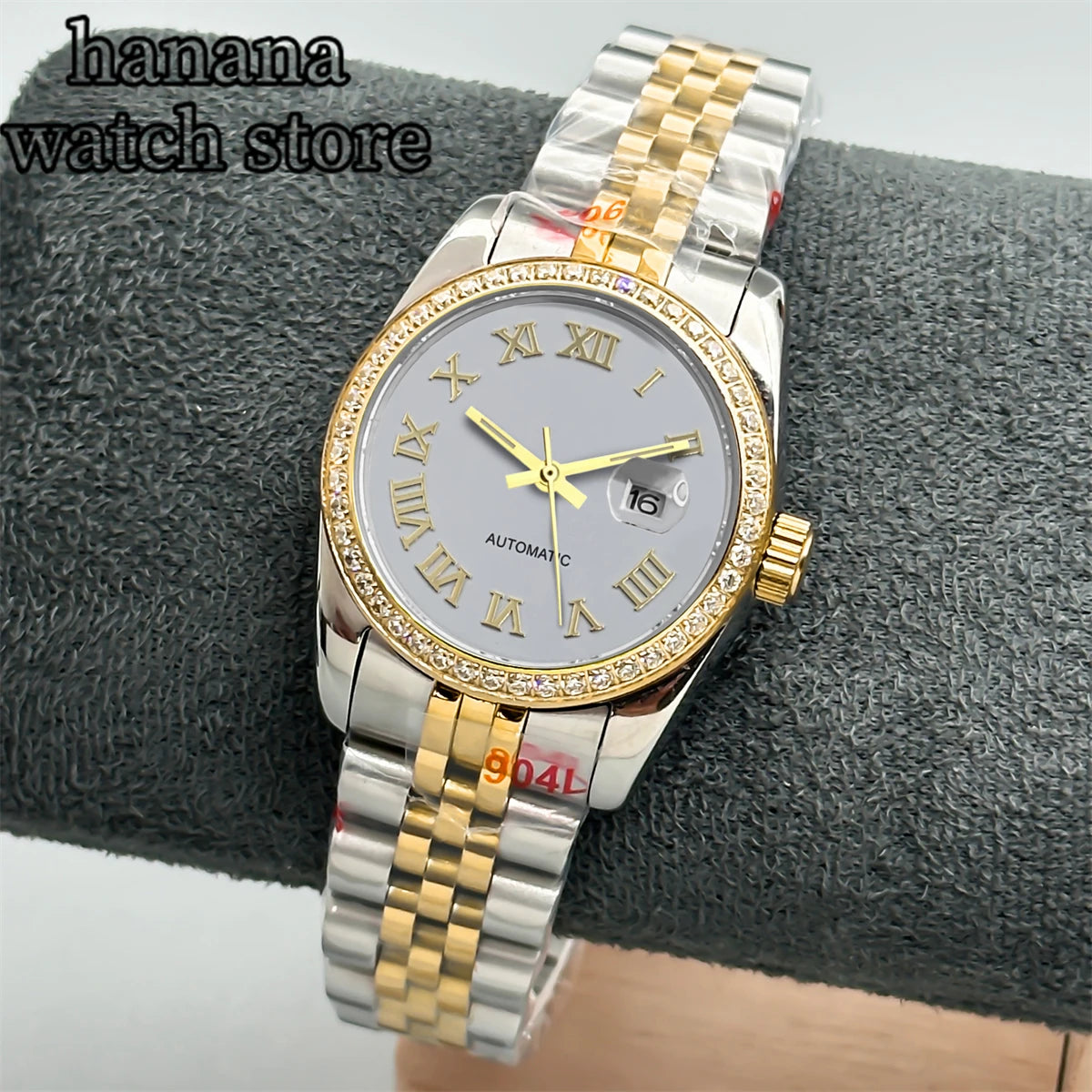 BLIGER 31mm NH05 Silver Gold Women's automatic watch with Diamond bezel Sunlit White mother-pearl dial stainless steel bracelet