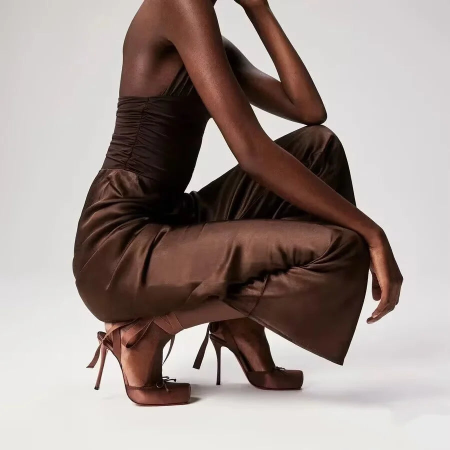 Ladies' New Summer Square Satin High-heeled Sandals with Ankle Straps, Fashionable Party and Banquet Ballet High-heeled Shoes