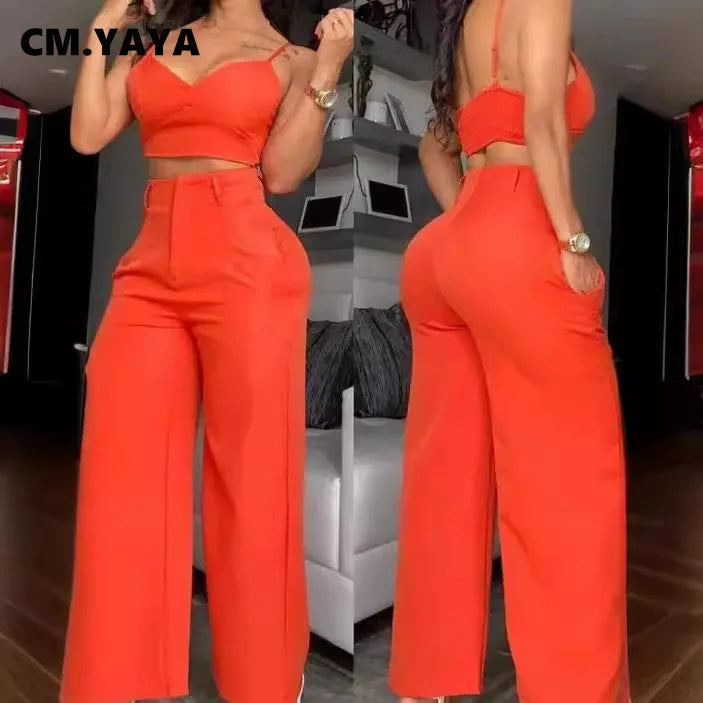 CM.YAYA Fashion Women's Set Spaghetti Strap V-neck Crop Top and Wide Leg Pants 2024 Party Two 2 Piece Sets Outfits Tracksuit