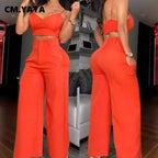 CM.YAYA Fashion Women's Set Spaghetti Strap V-neck Crop Top and Wide Leg Pants 2024 Party Two 2 Piece Sets Outfits Tracksuit