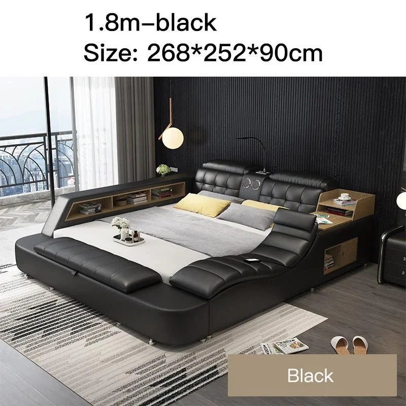 Genuine Leather Bed Frame Soft Beds Massager Storage Safe Speaker Bedroom Furniture Cama Iphone Recharging Bluetooth Double Bed