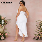 CM.YAYA Bowknot Side Women's Dress Set Strapless Crop Top and Ruffles Split Midi Maxi Long Skirt Suit Two 2 Piece Set Outfits