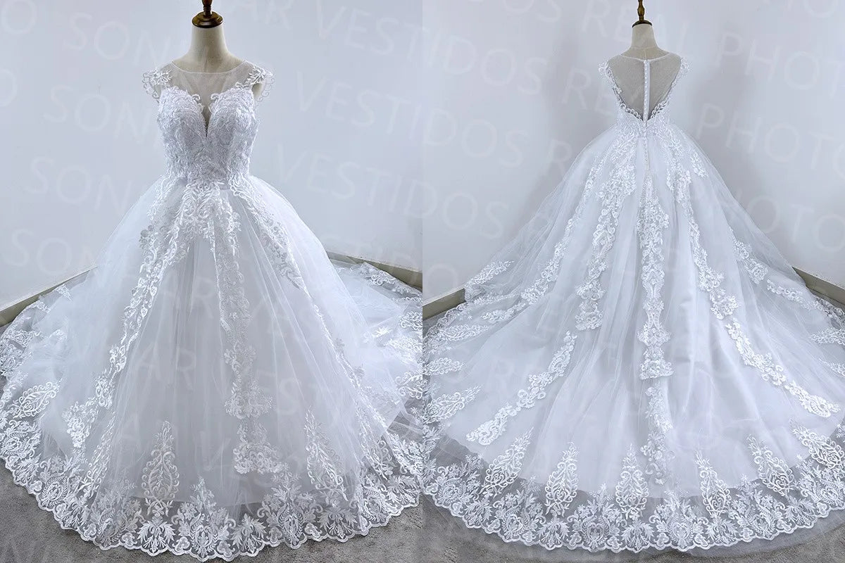Brides Wedding Dress V-neck Luxury Lace Wedding Gown With Train Classic Ball Gown Plus Size Customized Vestido De Noiva