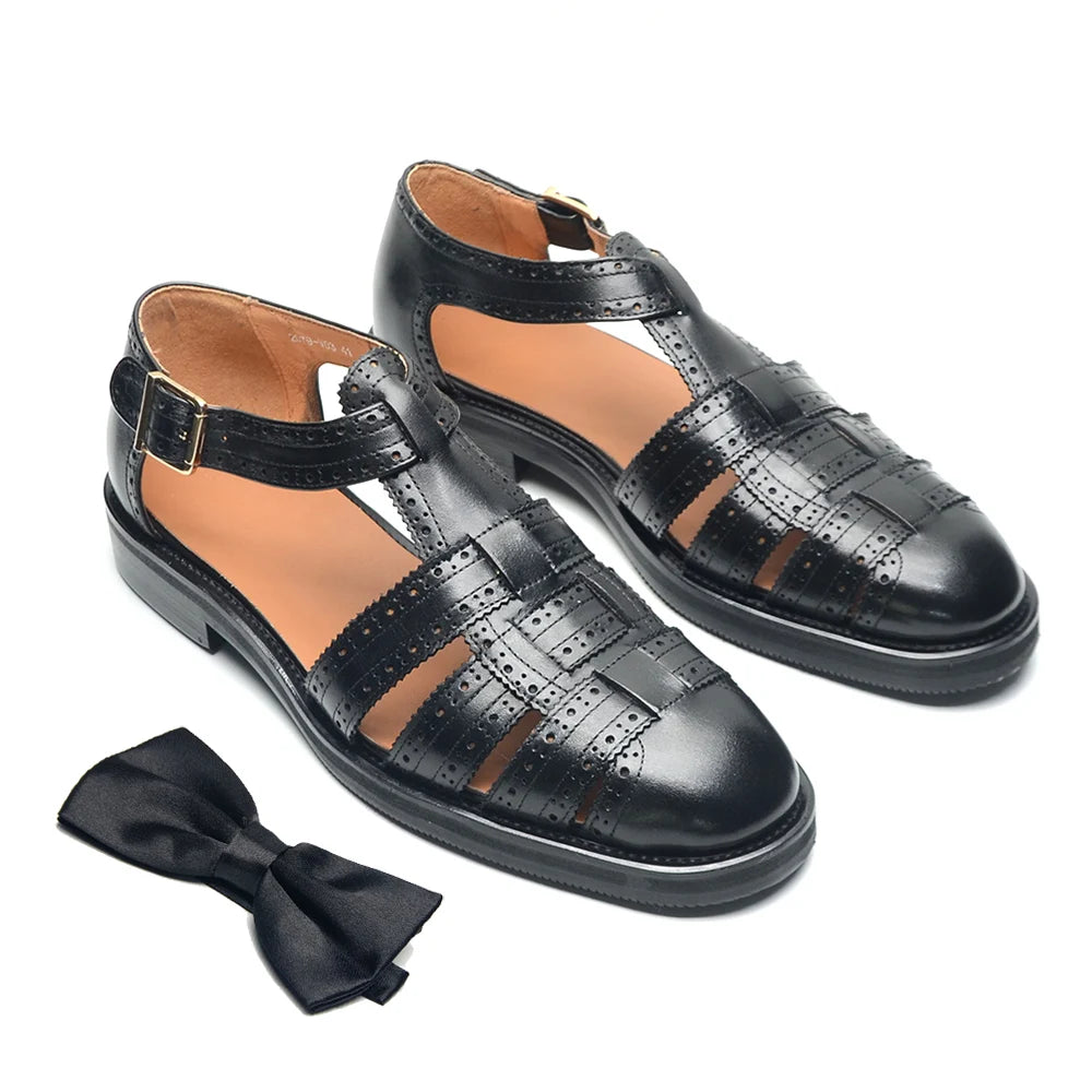 Luxury Designer Men's Summer Sandals Genuine Leather Brogue Carving Man Shoes Formal Events Social Buckle Strap Men Slippers