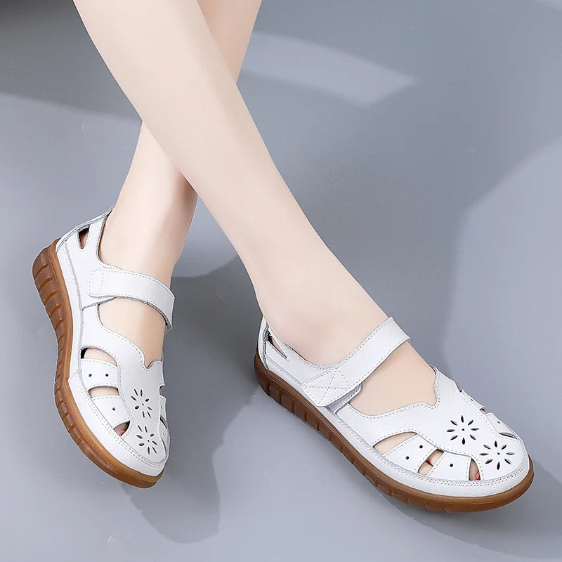 Sandals Summer Breathable Leather Slippers Women Fashion Non-Slip Casual Roman Shoes Ladies Sandals on Sale Off White Shose