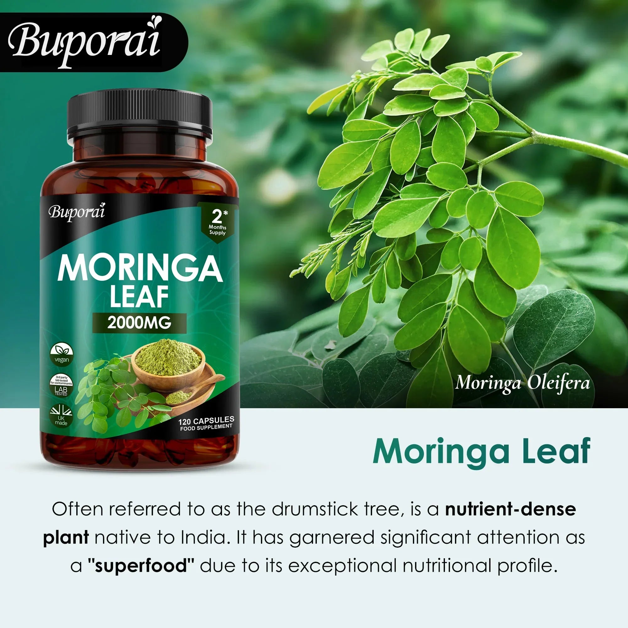 Moringa Leaf Capsules - Supports Digestive and Intestinal Health, Antioxidants, Nourishes Skin, Improves Energy Levels