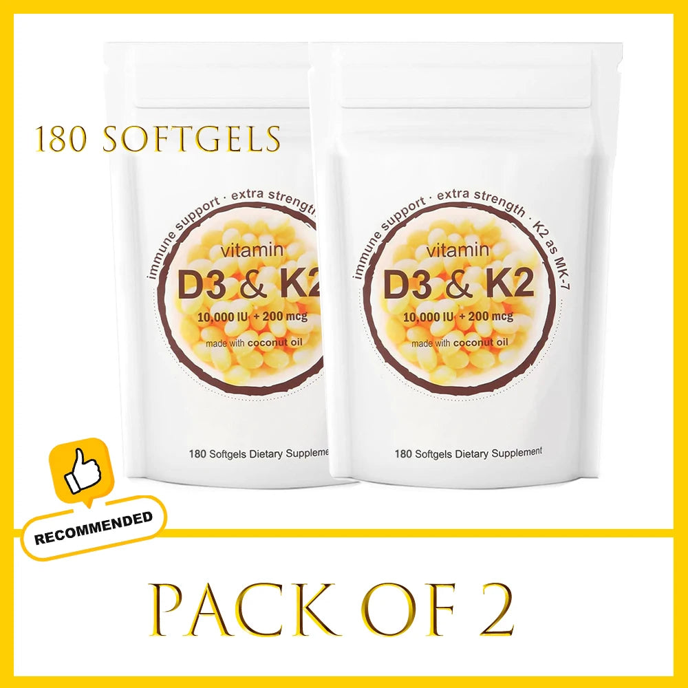 180/300 Vitamin D3 K2 Capsules with Coconut Oil - Vitamin D3 10000 iu Plus K2 (ML-7) 200 mcg, 300 Virgin Coconut Oil Softgels