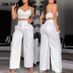 CM.YAYA Fashion Women's Set Spaghetti Strap V-neck Crop Top and Wide Leg Pants 2024 Party Two 2 Piece Sets Outfits Tracksuit
