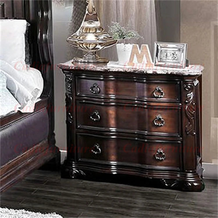 European Antique Design Bedroom Furniture Luxury French Classic Wooden Bedroom Sets Storage Function King Size Bed