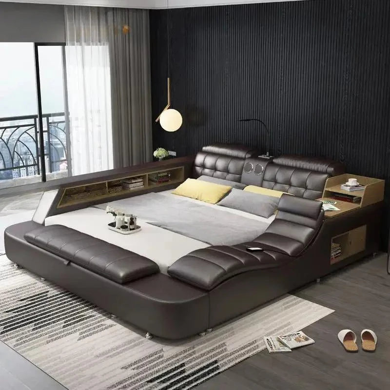 Genuine Leather Bed Frame Soft Beds Massager Storage Safe Speaker Bedroom Furniture Cama Iphone Recharging Bluetooth Double Bed