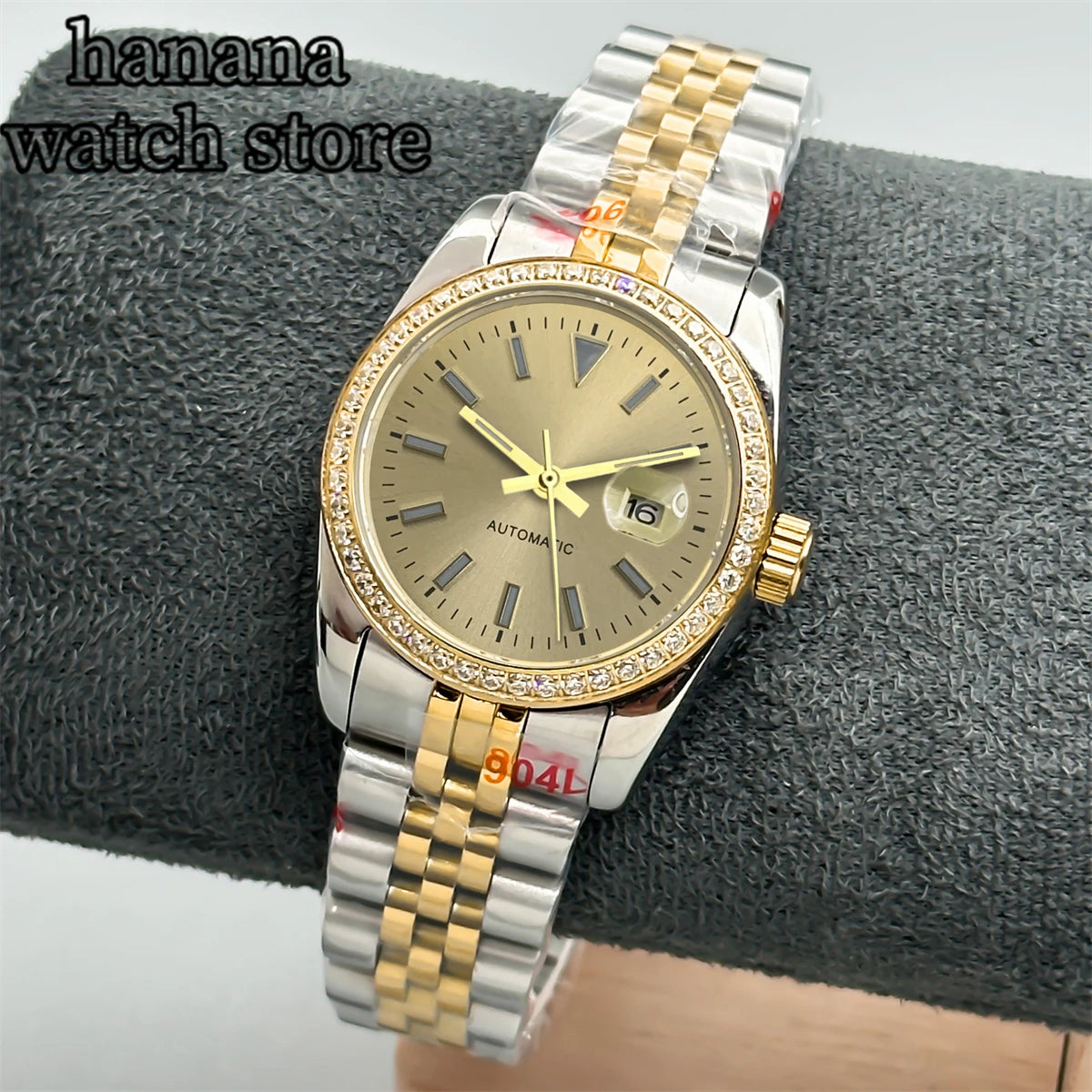 BLIGER 31mm NH05 Silver Gold Women's automatic watch with Diamond bezel Sunlit White mother-pearl dial stainless steel bracelet
