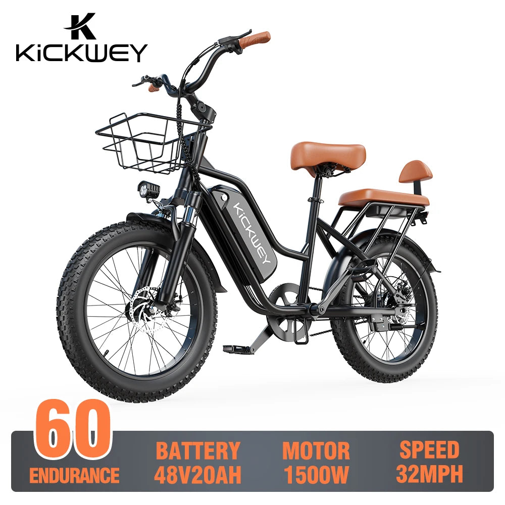 Electric Bike for Adults，20'' 1500W Peak Ebike, Up to 50 Miles 32MPH Electric Mountain Bike with 48V 20AH Removable Battery