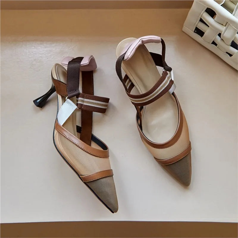 Dilalula 2025 Genuine Leather Mesh Sandals Women Covered Pointed Toe Elastic Band Thin High Heels Office Ladies Party Sandals