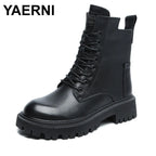 2025 Genuine Leather Women's Boots Velvet Autumn Winter Thick Heel Cowhide Shoes Handmade Retro Platform Booties