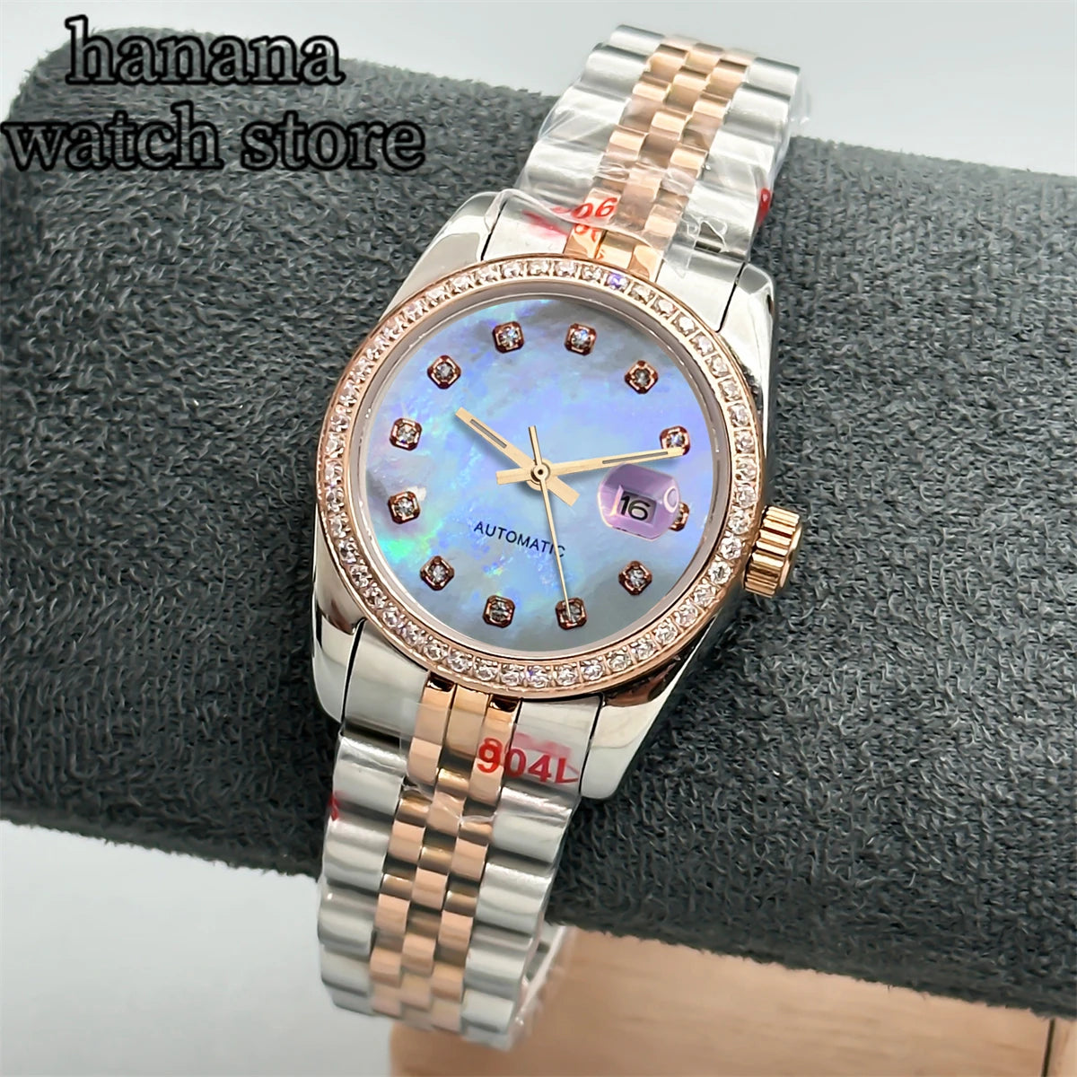 BLIGER 31mm NH05 Silver Gold Women's automatic watch with Diamond bezel Sunlit White mother-pearl dial stainless steel bracelet