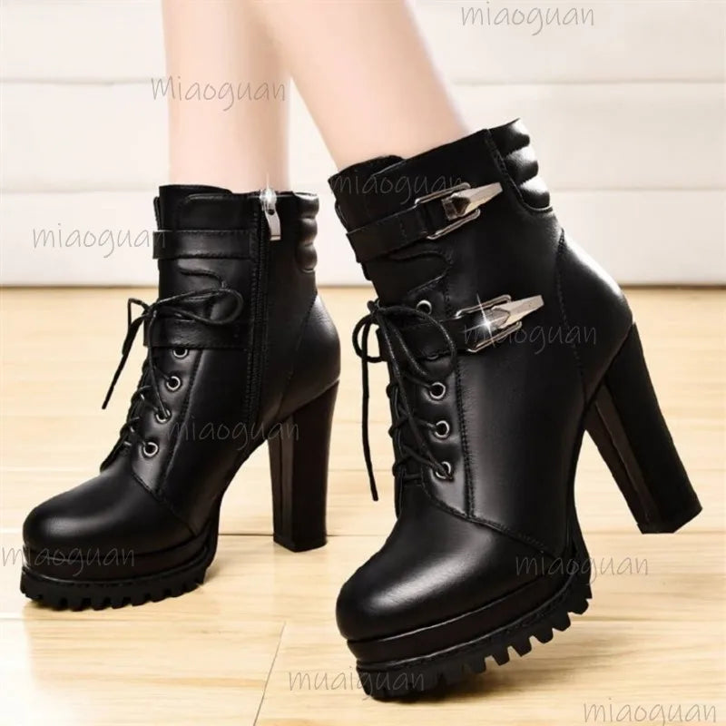 Women's Fashion Super High Heels Ankle Boots Autumn Winter Platform Booties Woman Buckle Decor PU Leather Short Botas Mujer