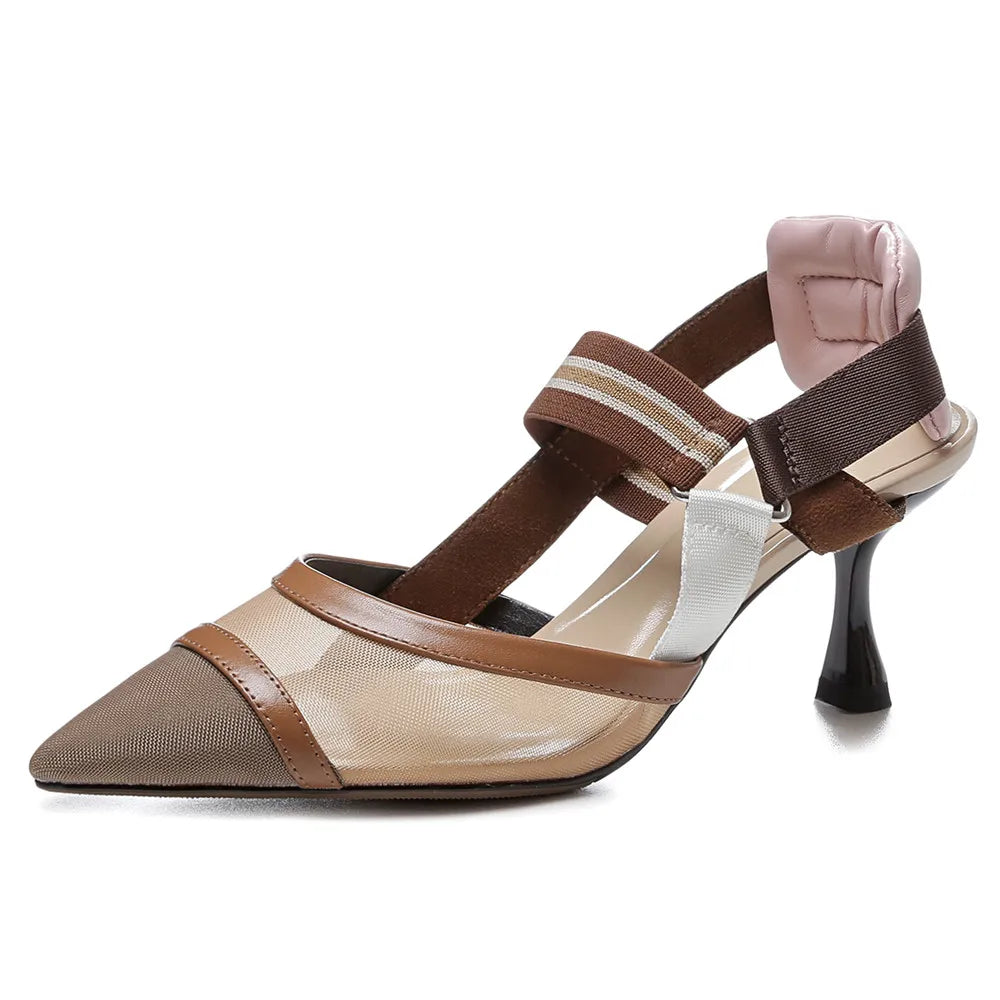 Dilalula 2025 Genuine Leather Mesh Sandals Women Covered Pointed Toe Elastic Band Thin High Heels Office Ladies Party Sandals