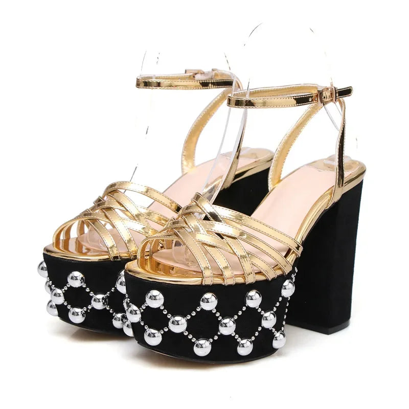 Luxury Brand Women's Summer Fashion Metal Platform Sandals Large 34-42 Super High Heel Thick Bottom Rivet Party Women's Shoes